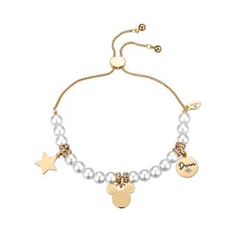 Disney's Mickey Mouse 14k Flash Gold Plated Crystal and Faux Pearl Bolo Bracelet