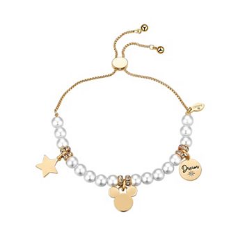 Disney's Mickey Mouse 14k Flash Gold Plated Crystal and Faux Pearl Bolo Bracelet