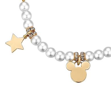 Disney's Mickey Mouse 14k Flash Gold Plated Crystal and Faux Pearl Bolo Bracelet