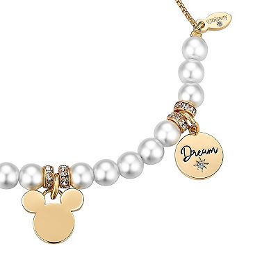 Disney's Mickey Mouse 14k Flash Gold Plated Crystal and Faux Pearl Bolo Bracelet