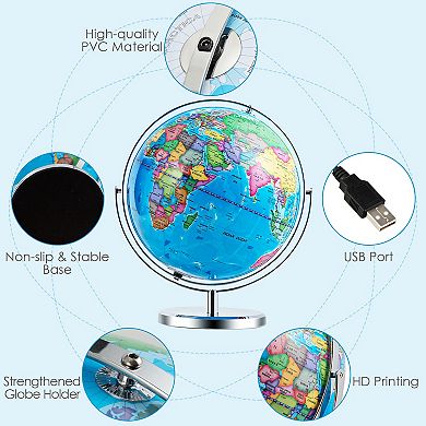 13" Illuminated World Globe 720 Degrees Rotating Map with LED Light