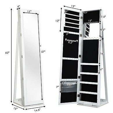Standing Lockable Jewelry Storage Organizer with Full-Length Mirror-White