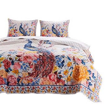 Tess Microfiber 2 pc Twin Quilt Set, Peacock, Floral Print, Multicolor