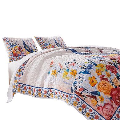 Tess Microfiber 2 Piece Twin Quilt Set, Peacock, Floral Print, Multicolor
