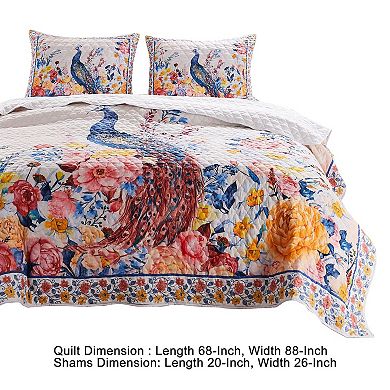 Tess Microfiber 2 Piece Twin Quilt Set, Peacock, Floral Print, Multicolor
