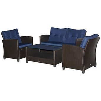 4 pc Outdoor Patio Conversation Sectional Set W/ Sofa & Coffee Table, Blue