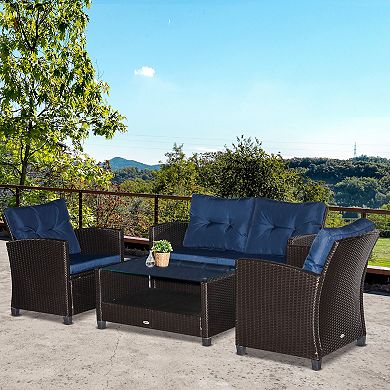 Outsunny 4-Piece Patio Furniture Set, Rattan Wicker Chair w/ Table, Outdoor Conversation Set with Cushion for Backyard, Porch, or Garden, Blue