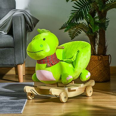 Qaba Baby Rocking horse Kids Interactive 2 in 1 Plush Ride On Toys Stroller Rocking Dinosaur with Wheels and Nursery Song