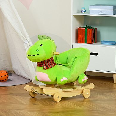 Qaba Baby Rocking horse Kids Interactive 2 in 1 Plush Ride On Toys Stroller Rocking Dinosaur with Wheels and Nursery Song