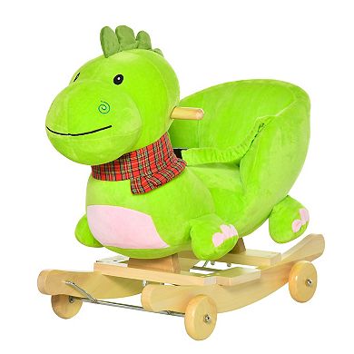 Qaba Baby Rocking horse Kids Interactive 2 in 1 Plush Ride On Toys Stroller Rocking Dinosaur with Wheels and Nursery Song