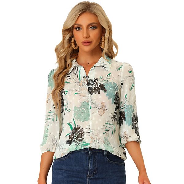 Women's Sheer Tops Point Collared 3/4 Sleeves Lightweight Leaves Print ...