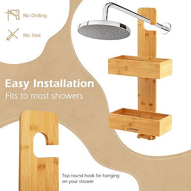 2-Tier Hanging Shower Caddy Bathroom Shelf with 2 Hooks-Natural