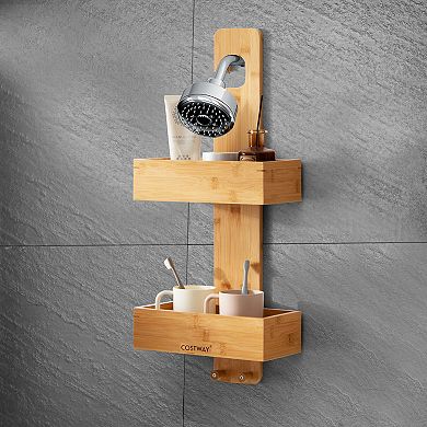 2-Tier Hanging Shower Caddy Bathroom Shelf with 2 Hooks-Natural
