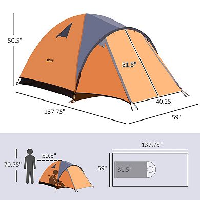 Outsunny 3-4 Person Camping Tent, Lightweight Outdoor Dome Tent Waterproof Windproof with Carrying Bag, Orange