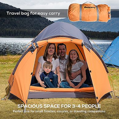 Outsunny 3-4 Person Camping Tent, Lightweight Outdoor Dome Tent Waterproof Windproof with Carrying Bag, Orange