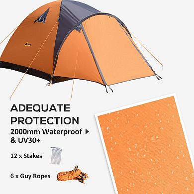 Outsunny 3-4 Person Camping Tent, Lightweight Outdoor Dome Tent Waterproof Windproof with Carrying Bag, Orange