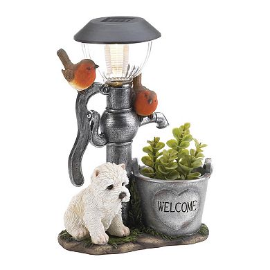 Terrier Puppy with Birds Solar Garden Light with Flower Pot