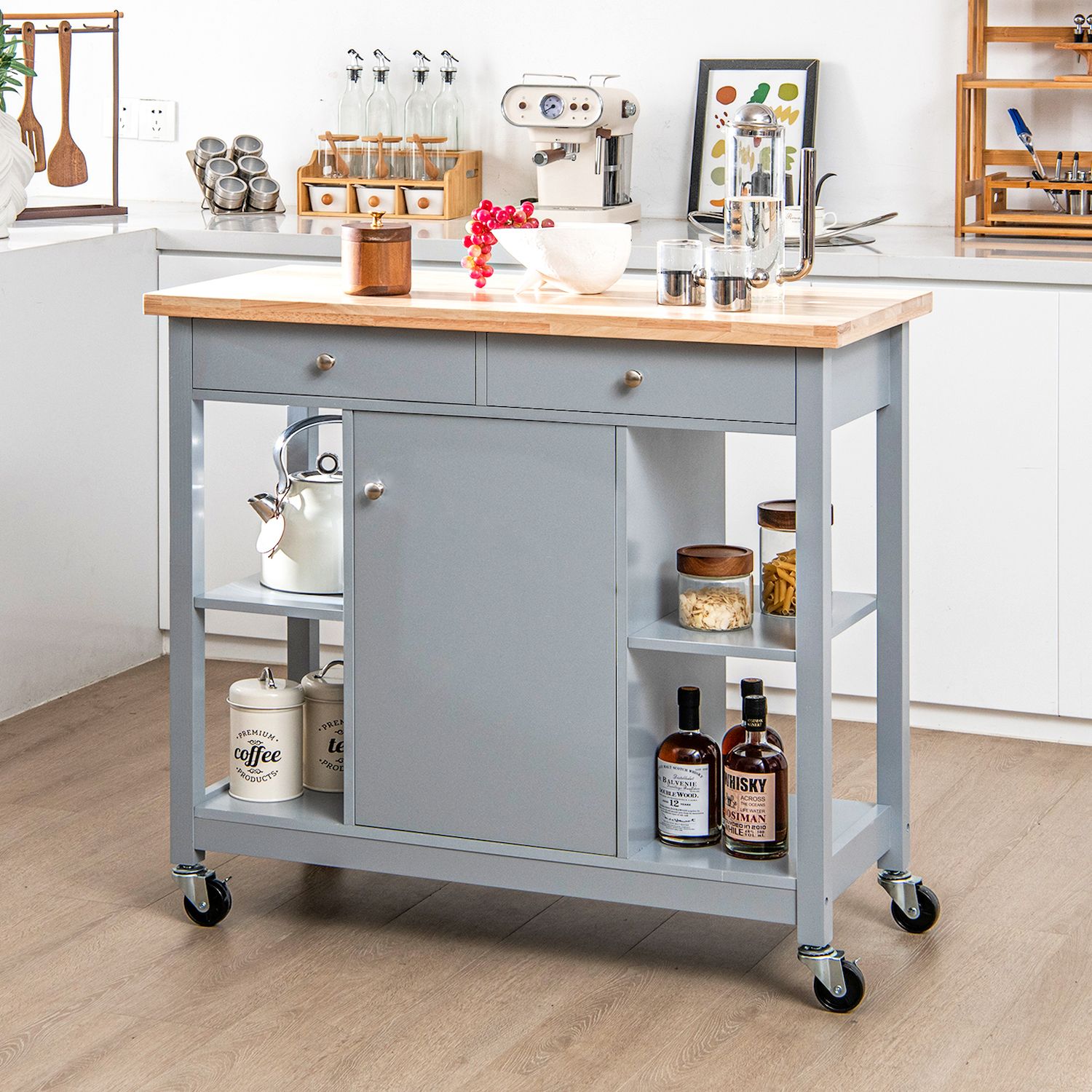 Mobile Kitchen Island Cart With 4 Open Shelves And 2 Drawers   6518865 ALT