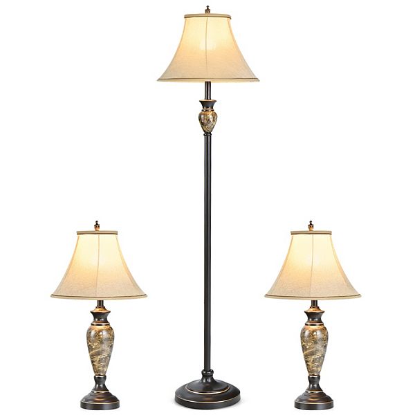 3Piece Table and Floor Lamp Set with Linen Fabric Lamp Shades