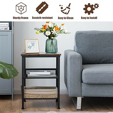 3-Tier Industrial End Table with Mesh Shelves and Adjustable Shelves
