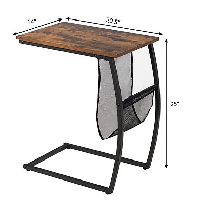 C-shaped Vintage End Table with Side Pocket and Metal Frame