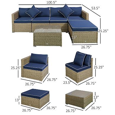 Outsunny 6-Piece Outdoor Patio Rattan Wicker Furniture Sofa Set w/ Cushions Navy Blue