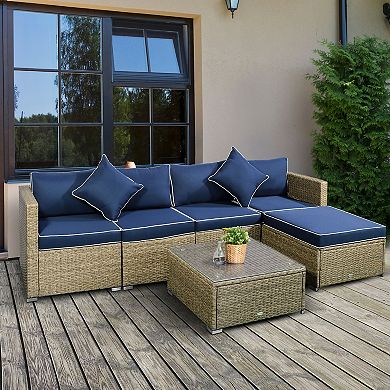 Outsunny 6-Piece Outdoor Patio Rattan Wicker Furniture Sofa Set w/ Cushions Navy Blue