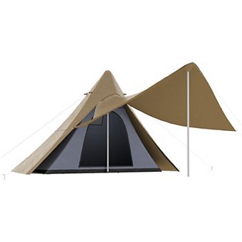 Outsunny 2-3 Person Teepee Tent, Easy Setup Camping Tent w/ Porch, Coffee