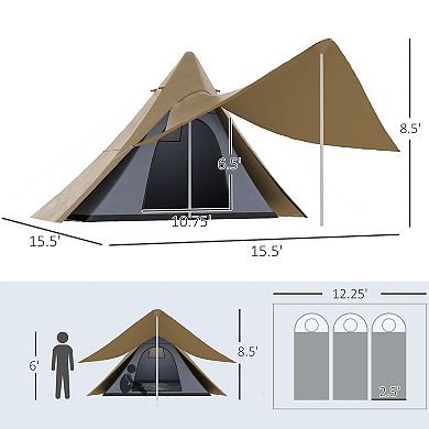 Outsunny 2-3 Person Teepee Tent, Easy Setup Camping Tent w/ Porch, Coffee