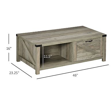 Farmhouse Style Living Room Coffee Table W/ Open Storage & Barn Door Design Grey