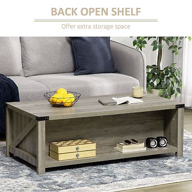 Farmhouse Style Living Room Coffee Table W/ Open Storage & Barn Door Design Grey