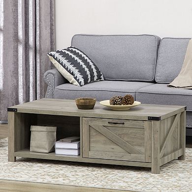 Farmhouse Style Living Room Coffee Table W/ Open Storage & Barn Door Design Grey