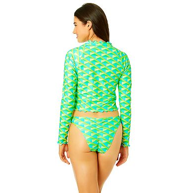 Juniors' Hurley Geo Rhythm Print Long Sleeve Lettuce Trimmed Cropped Swim Rashguard Top