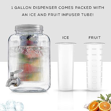 JoyJolt Glass Fluted Drink Dispenser with Spigot, Ice Infuser, & Fruit Infuser
