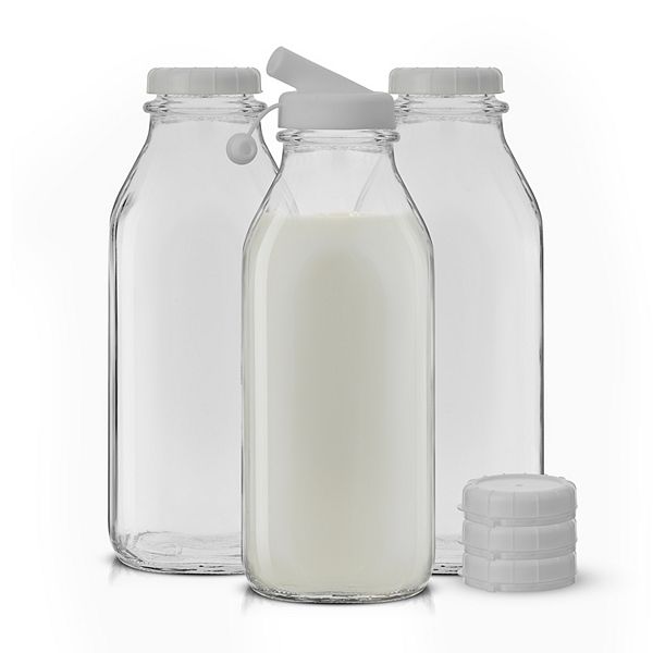 JoyJolt 3Pack Reusable Glass Milk Bottle with Lid & Pourer