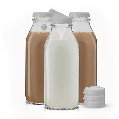 JoyJolt 3-Pack 32-oz. Reusable Glass Milk Bottle with Lid & Pourer