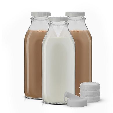 JoyJolt 3-Pack Reusable Glass Milk Bottle with Lid & Pourer