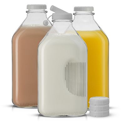 JoyJolt 3-Pack 64-oz. Reusable Glass Milk Bottle with Lid & Pourer