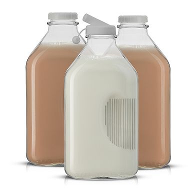 JoyJolt 3-Pack 64-oz. Reusable Glass Milk Bottle with Lid & Pourer