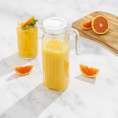 JoyJolt Beverage Serveware 40-oz. Glass Pitcher with Handle & 2 Lids