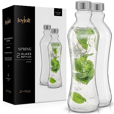JoyJolt 2-Pack 32-oz. Glass Water Bottles with Stainless Steel Caps