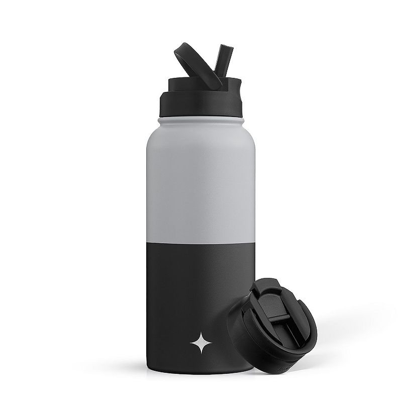 JoyJolt Vacuum Insulated 32-oz. Color Block Water Bottle with Flip Lid & Sport Straw Lid, Gray Black