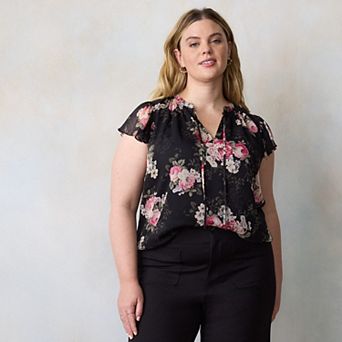 Plus Size LC Lauren Conrad Tie Front Ruffled V-Neck Shell