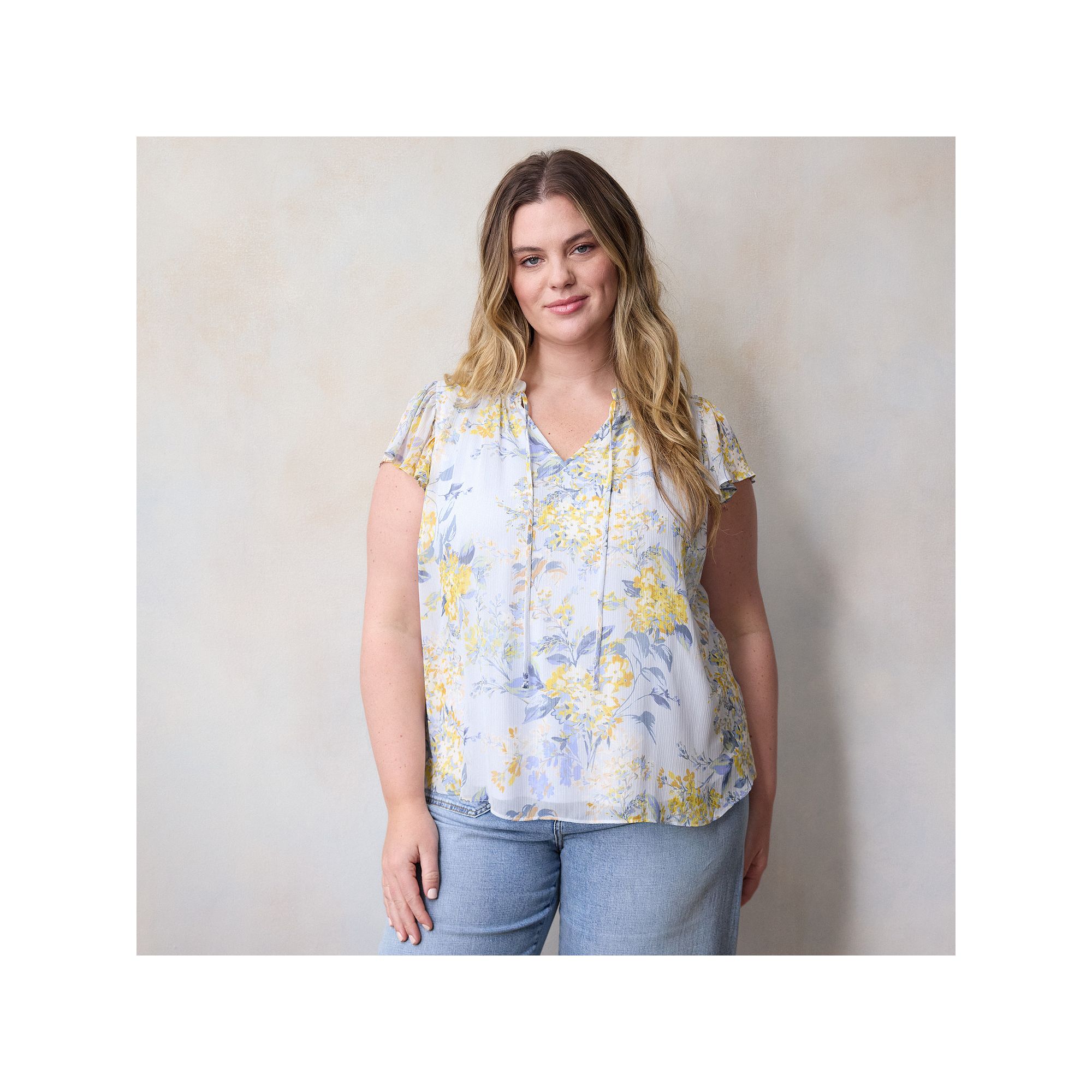 Plus Size LC Lauren Conrad Tie Front Ruffled V-Neck Shell, Womens, Size: 0