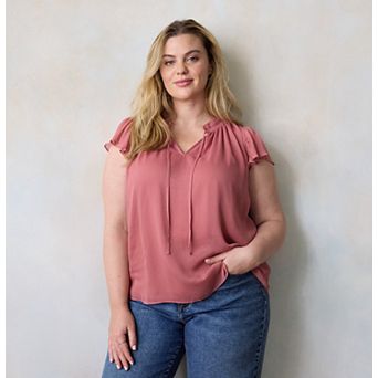 Plus Size LC Lauren Conrad Tie Front Ruffled V-Neck Shell