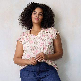 Plus Size LC Lauren Conrad Tie Front Ruffled V-Neck Shell