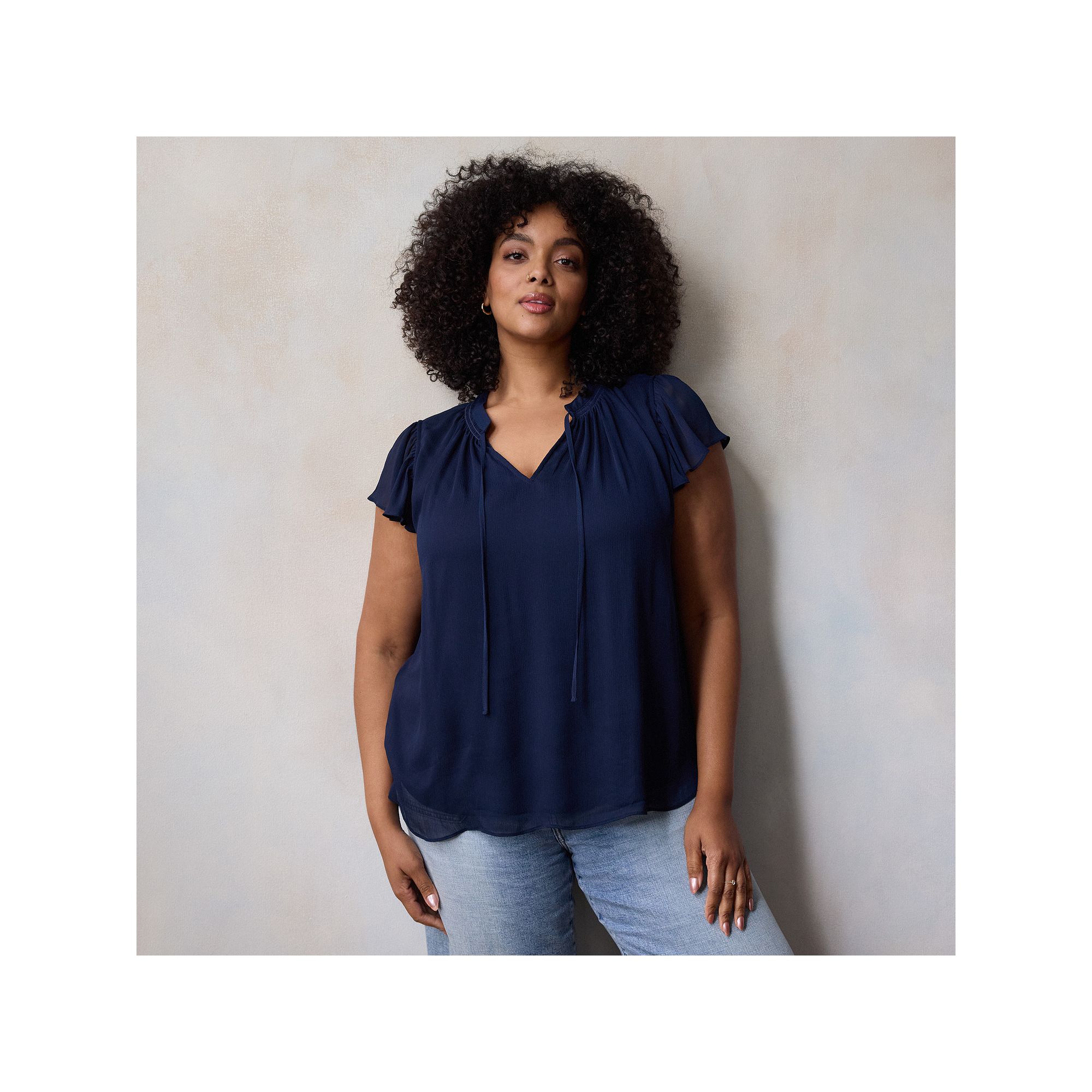 Plus Size LC Lauren Conrad Tie Front Ruffled V-Neck Shell, Womens, Size: 0