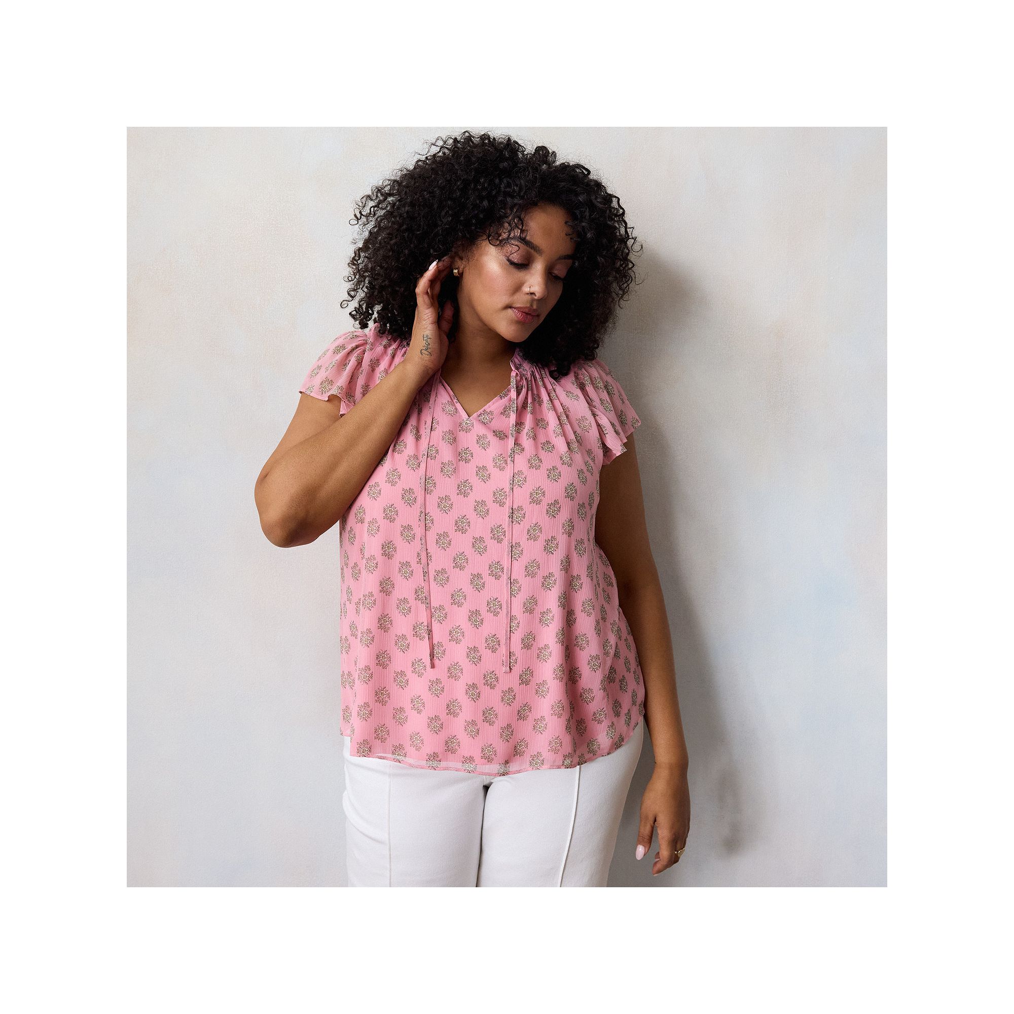 Plus Size LC Lauren Conrad Tie Front Ruffled V-Neck Shell, Womens, Size: 0