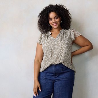 Plus Size LC Lauren Conrad Tie Front Ruffled V-Neck Shell