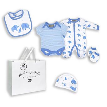 Baby Boys Blue Elephants 5 pc Layette Gift Set in Mesh Bag